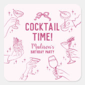 Roze Cocktail Party Verjaardag Envelop Favoriet Vierkante Sticker (Voorkant)