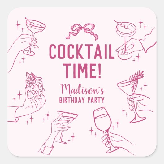 Roze Cocktail Party Verjaardag Envelop Favoriet Vierkante Sticker (Voorkant)