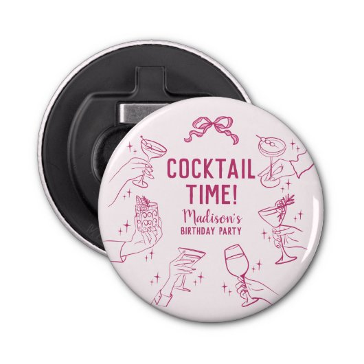 Roze Cocktail Party Verjaardagsbar Favorieten Button Flesopener (Voorkant)