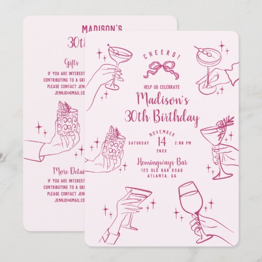 Roze Cocktail Party Verjaardagsfeestje Uitnodigen (Voorkant / Achterkant)