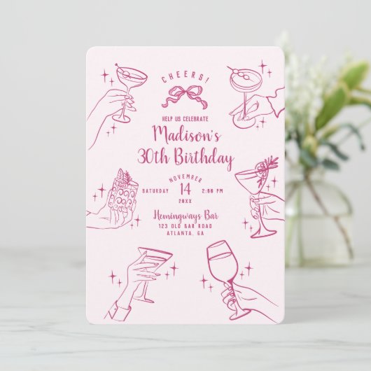 Roze Cocktail Party Verjaardagsfeestje Uitnodigen (Staand voorkant)