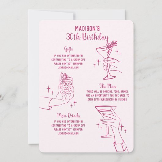 Roze Cocktail Party Verjaardagsfeestje Uitnodigen (Achterkant)