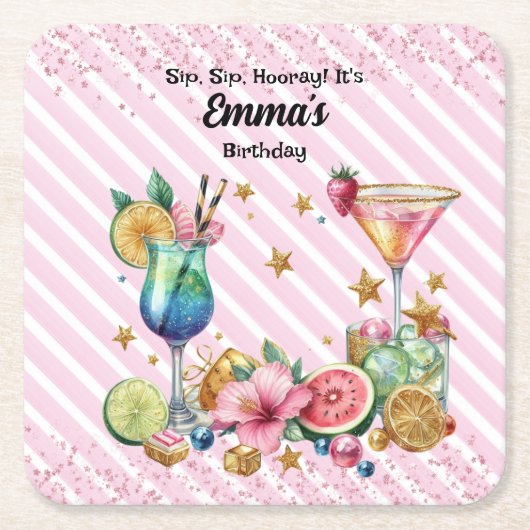 Roze Cocktail Snoep Glitter Verjaardag Kartonnen Onderzetters (Voorkant)