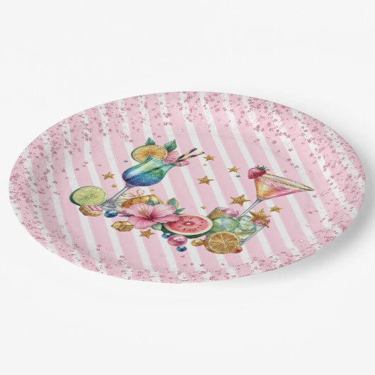 Roze Cocktail Snoep Glitter Verjaardag Papieren Bordje (Gekanteld)