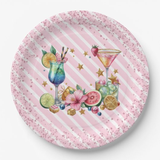 Roze Cocktail Snoep Glitter Verjaardag Papieren Bordje (Voorkant)