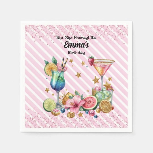 Roze Cocktail Snoep Glitter Verjaardag Servet (Voorkant)