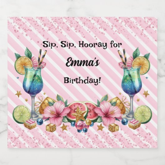 Roze Cocktail Snoep Glitter Verjaardag Sparkling Wijnetiket (Enkel label)