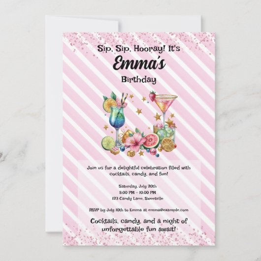 Roze Cocktail Snoep Glitter Verjaardagsuitnodiging Kaart (Voorkant)