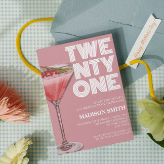 Roze Cocktail Thema 21ste Verjaardagsfeest voor ha Kaart