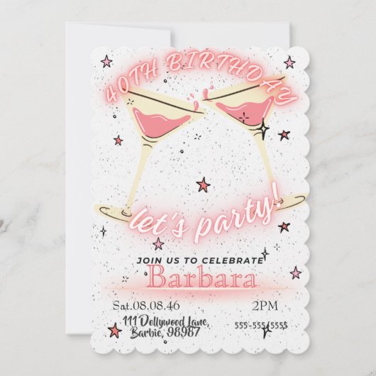 Roze Cocktail Uitnodiging 40e Verjaardag (Voorkant)