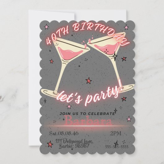 Roze Cocktail Uitnodiging 40e Verjaardag (Voorkant)