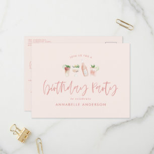 Roze cocktail verjaardagsfeestje met een meisjesac uitnodiging briefkaart