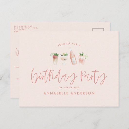 Roze cocktail verjaardagsfeestje met een meisjesac uitnodiging briefkaart (Voorkant / Achterkant)