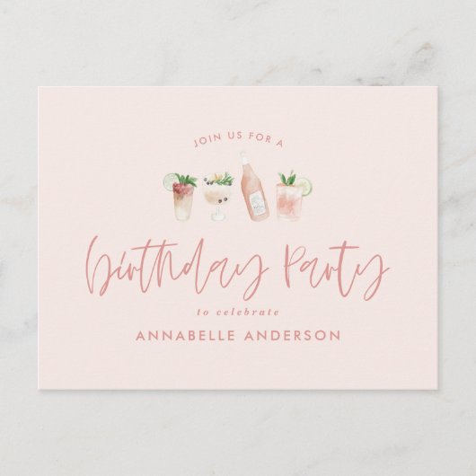 Roze cocktail verjaardagsfeestje met een meisjesac uitnodiging briefkaart (Voorkant)