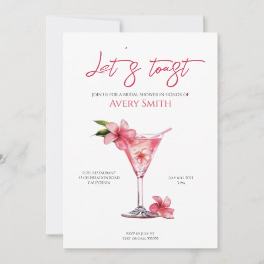 Roze Cocktails Bloemen Bruidsdouche Uitnodiging (Voorkant)