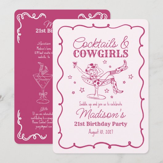 Roze Cocktails en Cowgirls Nash Bash Verjaardag Kaart (Voorkant / Achterkant)