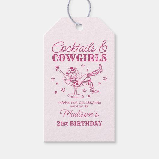 Roze cocktails en Cowgirls Rodeo verjaardagsfeestj Cadeaulabel (Voorkant)