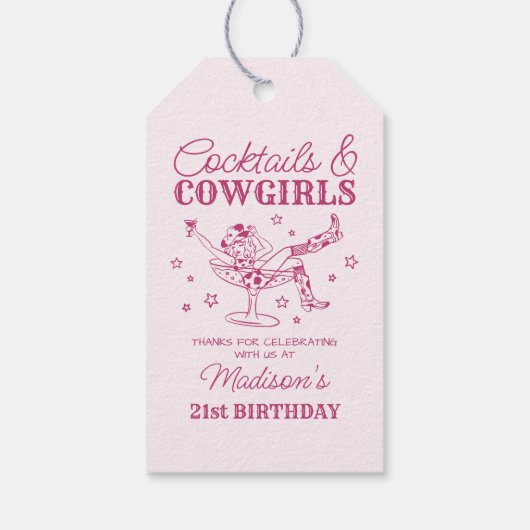 Roze cocktails en Cowgirls Rodeo verjaardagsfeestj Cadeaulabel (Achterkant)