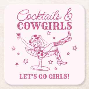 Roze cocktails en cowgirls rodeo vrijgezellenfeest kartonnen onderzetters