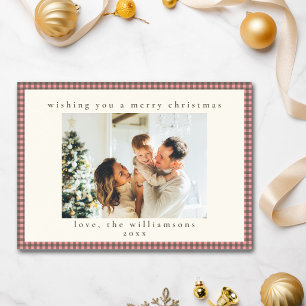 Roze Cocoa Bruine Gingham Geruite Kerstmis Familie Feestdagenkaart