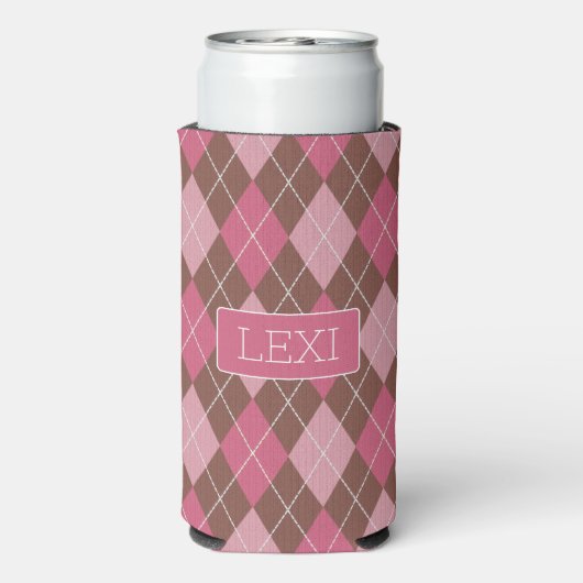Roze / Coffee Diamond Argyle Pattern - jouw naam Seltzer Blikjeskoeler (Seltzer Achterkant)