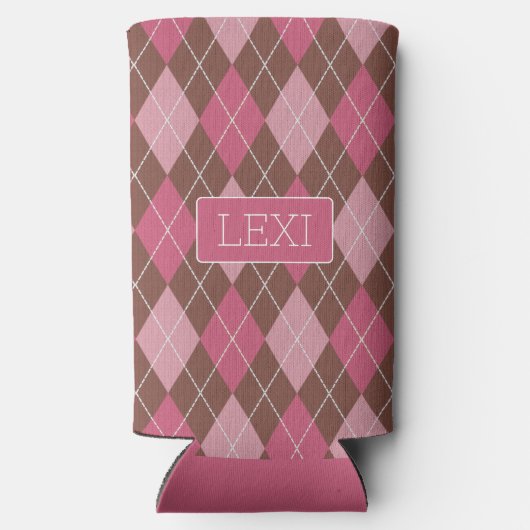 Roze / Coffee Diamond Argyle Pattern - jouw naam Seltzer Blikjeskoeler (Achterkant)