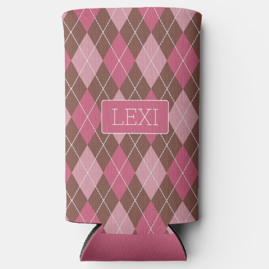 Roze / Coffee Diamond Argyle Pattern - jouw naam Seltzer Blikjeskoeler (Voorkant)