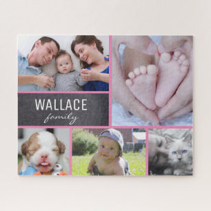 Roze Collage foto's met familienaam 5 afbeeldingen Legpuzzel