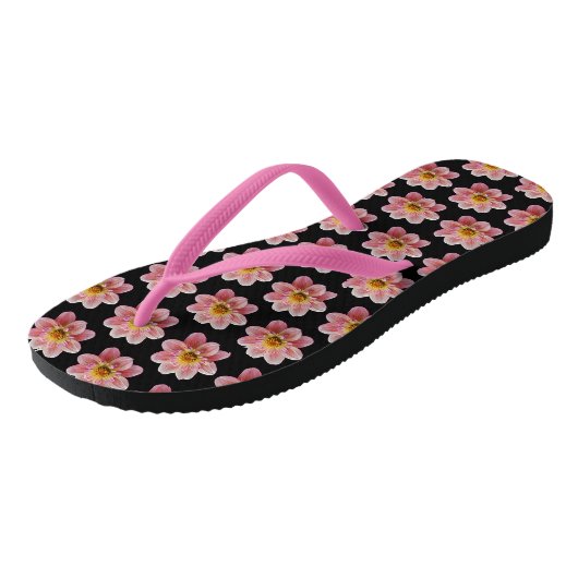 Roze Collarette Dahlia Floral Pattern on Black Teenslippers (Schuin)