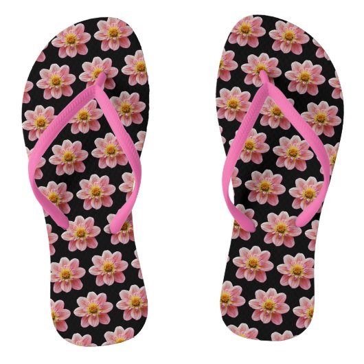 Roze Collarette Dahlia Floral Pattern on Black Teenslippers (Voetbed)