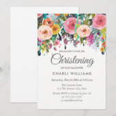 Roze Colorful Flowers Christening baptisme nodigen Kaart (Voorkant / Achterkant)