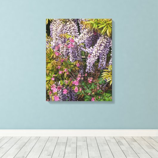 Roze Columbine en Paarse Wisteria Bloemen Canvas Afdruk (Insitu (Houten vloer))