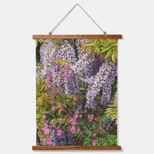 Roze Columbine en Paarse Wisteria Bloemen Hangend Wandkleed (Voorkant)
