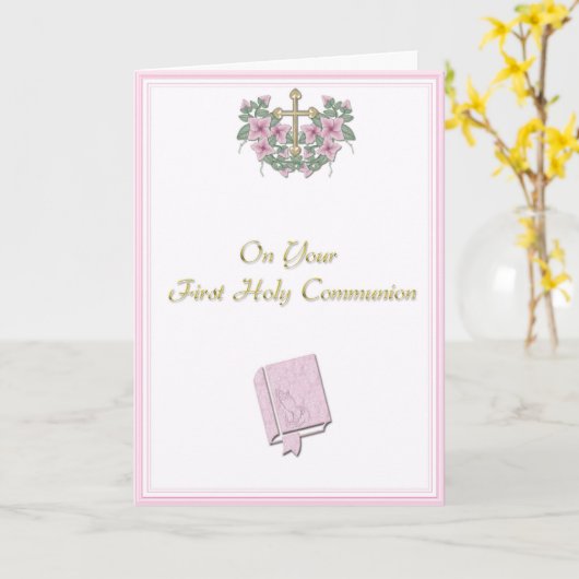 Roze Communie gefeliciteerd Kaart (Gele Bloem)