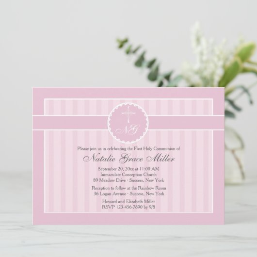 Roze communie uitnodiging (Staand voorkant)