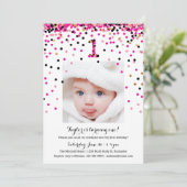 Roze Confetti 1e verjaardag Fotovervaring meisje Kaart (Staand voorkant)