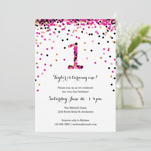 Roze Confetti 1e verjaardag van het meisje Kaart (Staand voorkant)