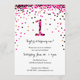 Roze Confetti 1e verjaardag van het meisje Kaart