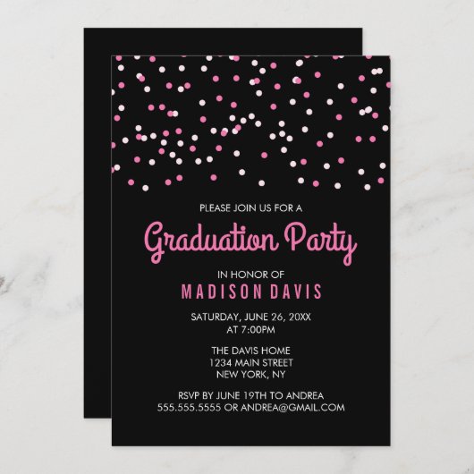 Roze Confetti Afstudeerfeest Kaart (Voorkant / Achterkant)