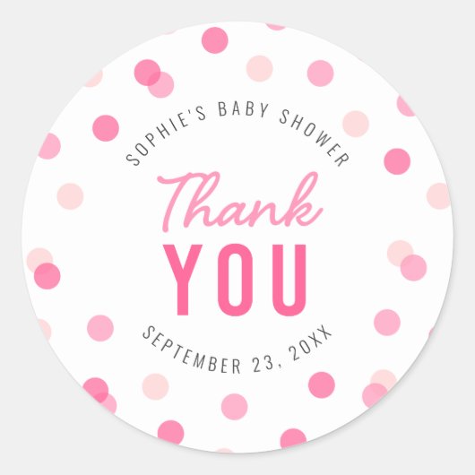 Roze Confetti Baby shower Dank u Ronde Sticker (Voorkant)