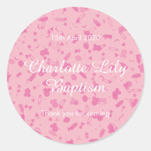 Roze Confetti Doopfeest Favor Ronde Sticker
