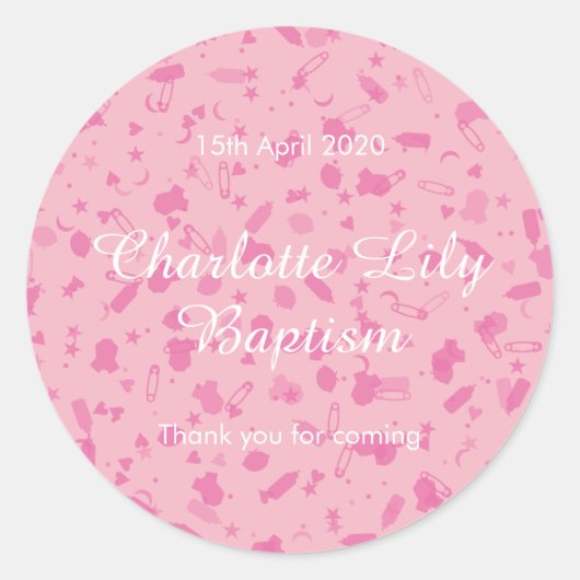 Roze Confetti Doopfeest Favor Ronde Sticker (Voorkant)