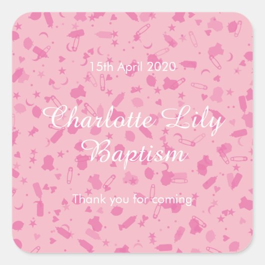 Roze Confetti Doopfeest Favor Vierkante Sticker (Voorkant)