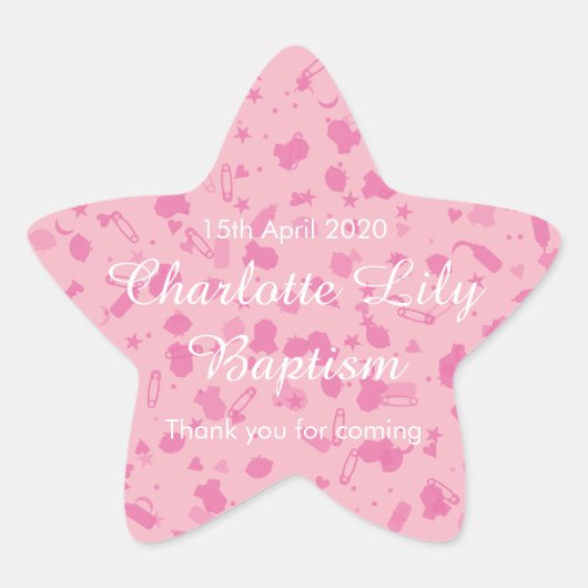 Roze confetti doopfeest uitnodiging cadeautje ster sticker (Voorkant)