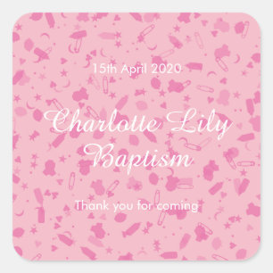 Roze confetti doopfeest uitnodiging cadeautje vierkante sticker