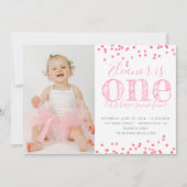 Roze confetti eerste verjaardag foto kaart (Voorkant)