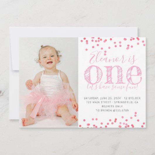 Roze confetti eerste verjaardag foto kaart (Voorkant)