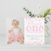 Roze confetti eerste verjaardag foto kaart (Staand voorkant)