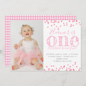 Roze confetti eerste verjaardag foto kaart (Voorkant / Achterkant)