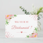 Roze Confetti Floral zal je mijn Bridesmaid zijn Kaart (Staand voorkant)